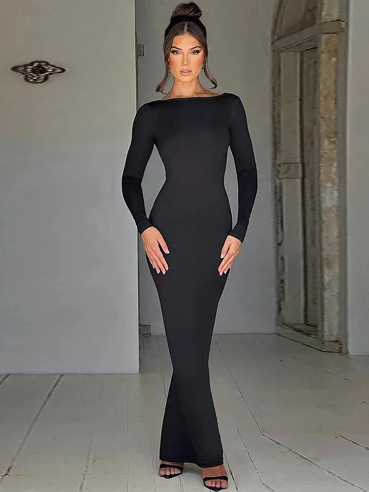 Backless Ruched Maxi Dress - Long Sleeve Sexy Party Evening Outfit for Women - 2024 Spring Summer Collection