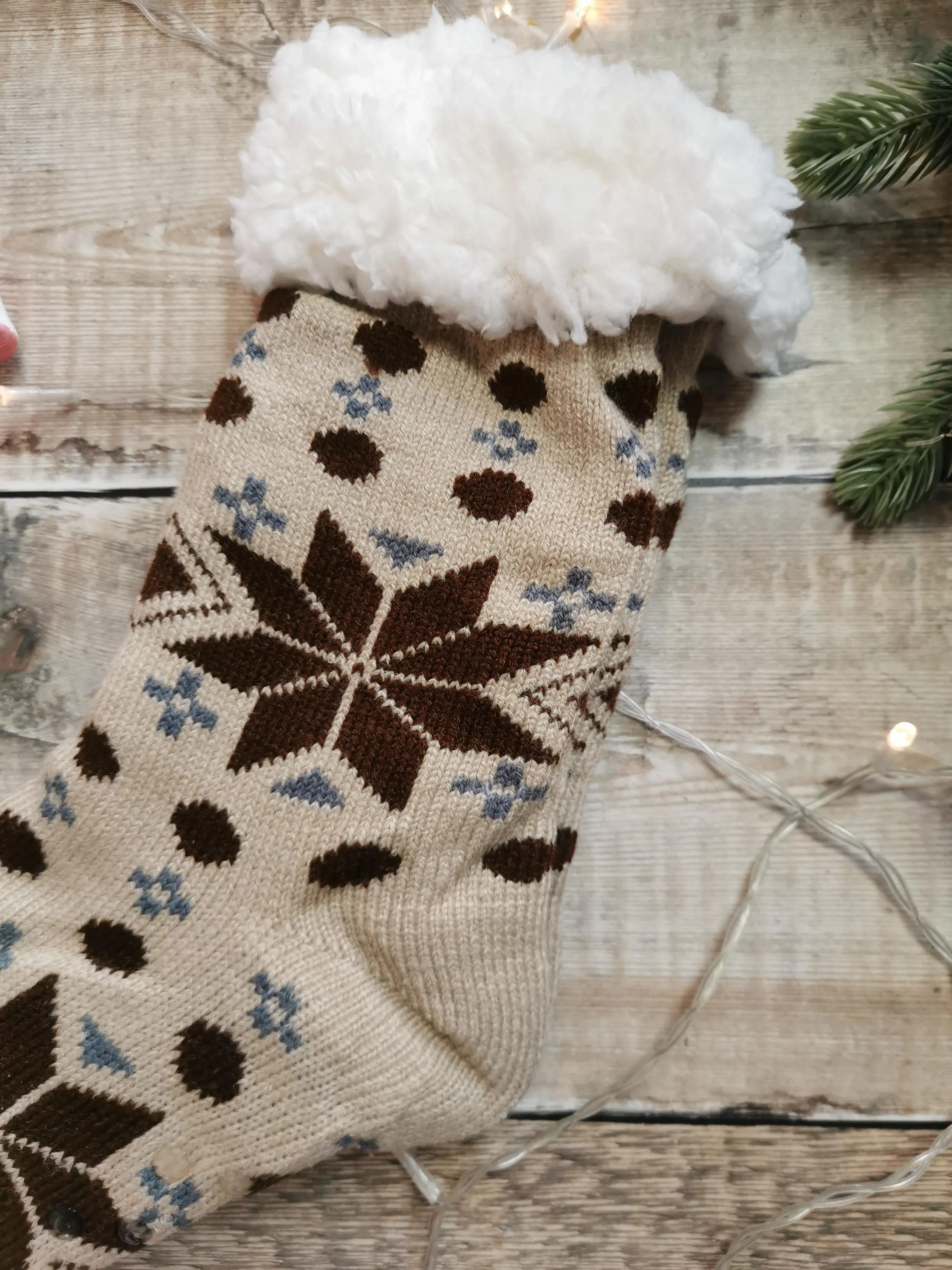 Beige Snowflake Fleece Lined Chunky Knit Slipper Socks