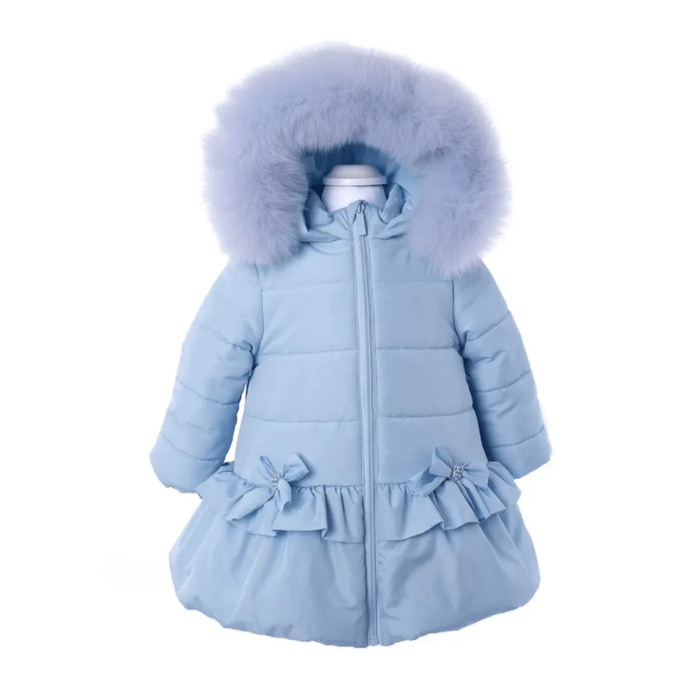 Bimbalo - Fur Trim Bow Detail Coat - Baby Blue