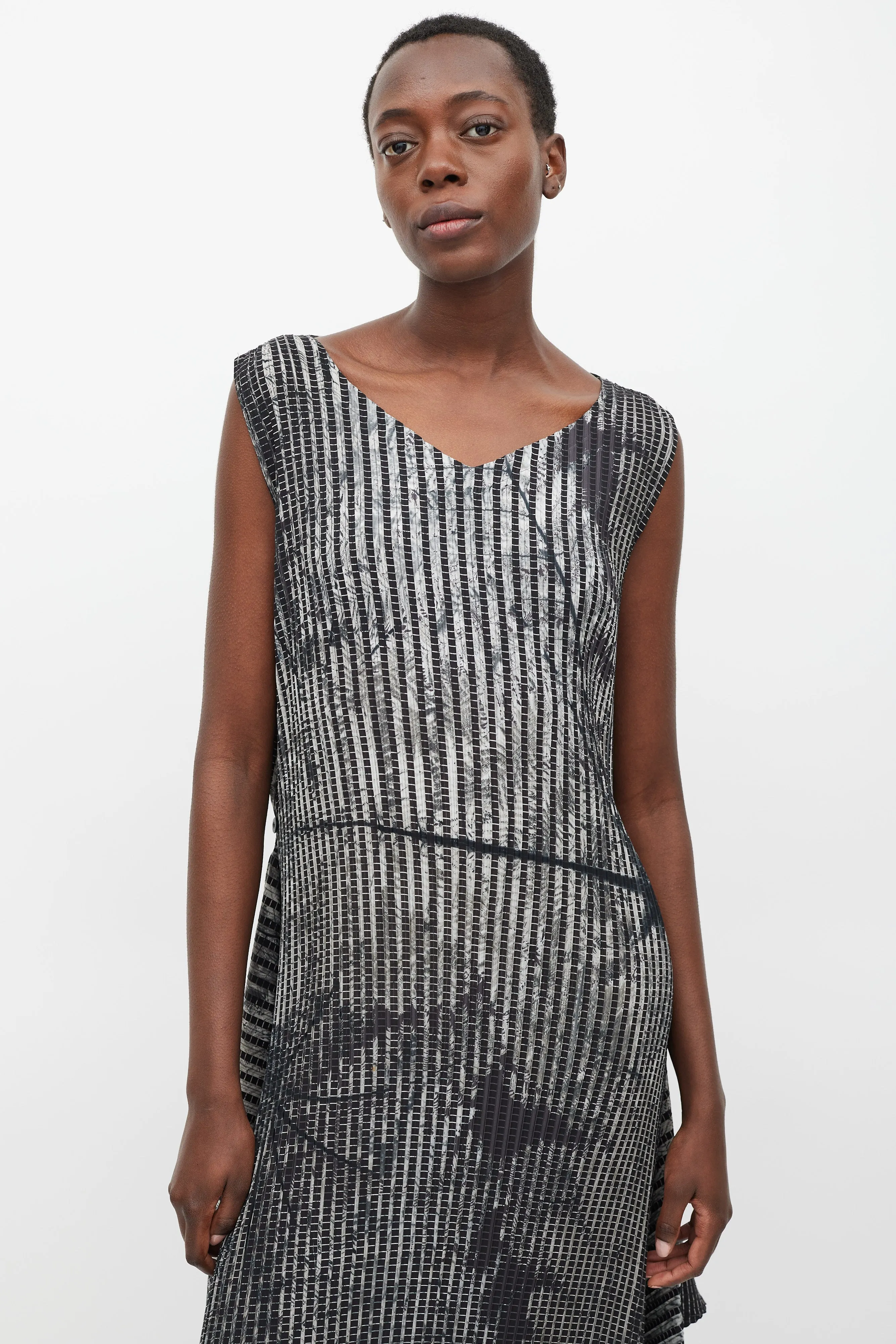 Black & Grey Pleated Double Wrap Dress