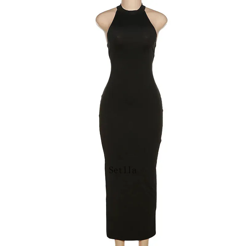 Black Backless Halter Bandage Maxi Dress