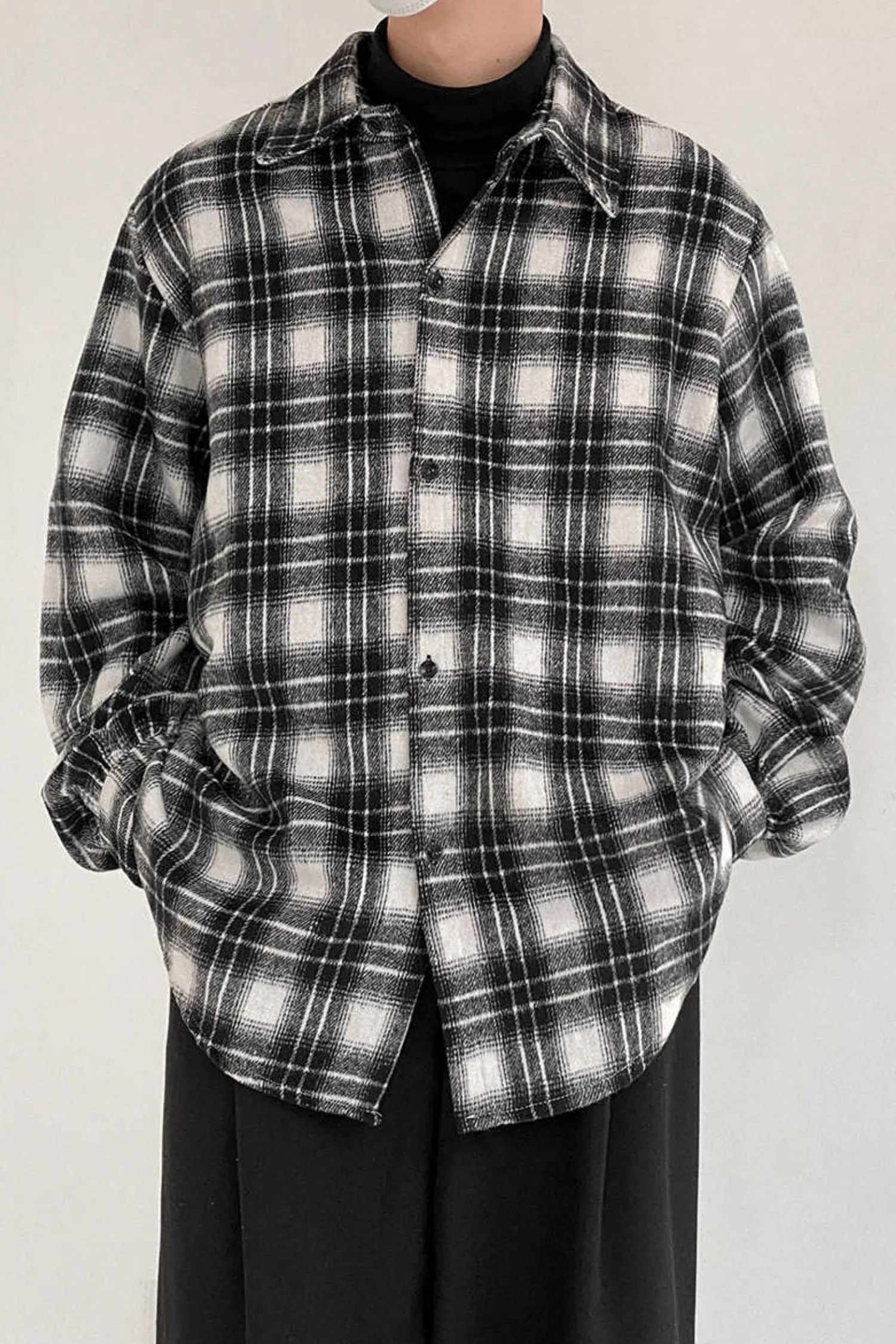 Black Checkered Woolen Plaid Loose fit Shirt