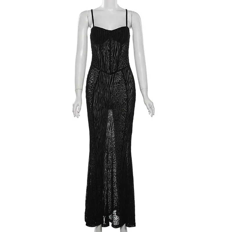 Black Leopard Mesh Spaghetti Straps Backless Sleeveless Bodycon Maxi Dress