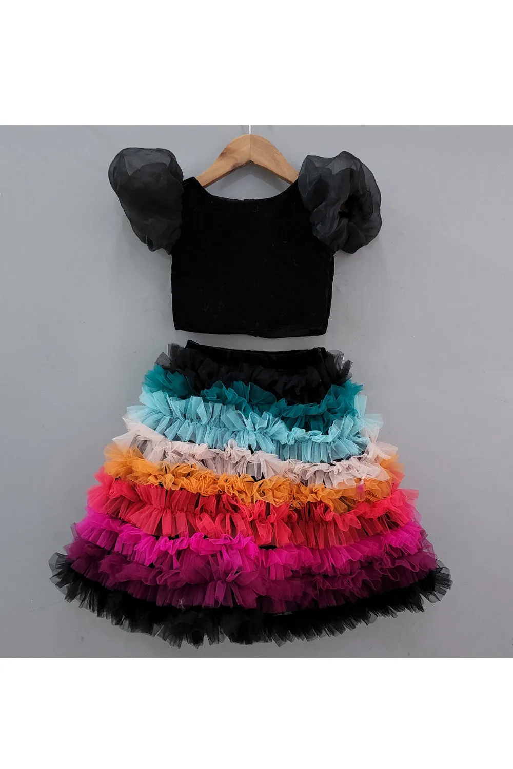 Black Velvet Top With Multicolor Frill Skirt Set