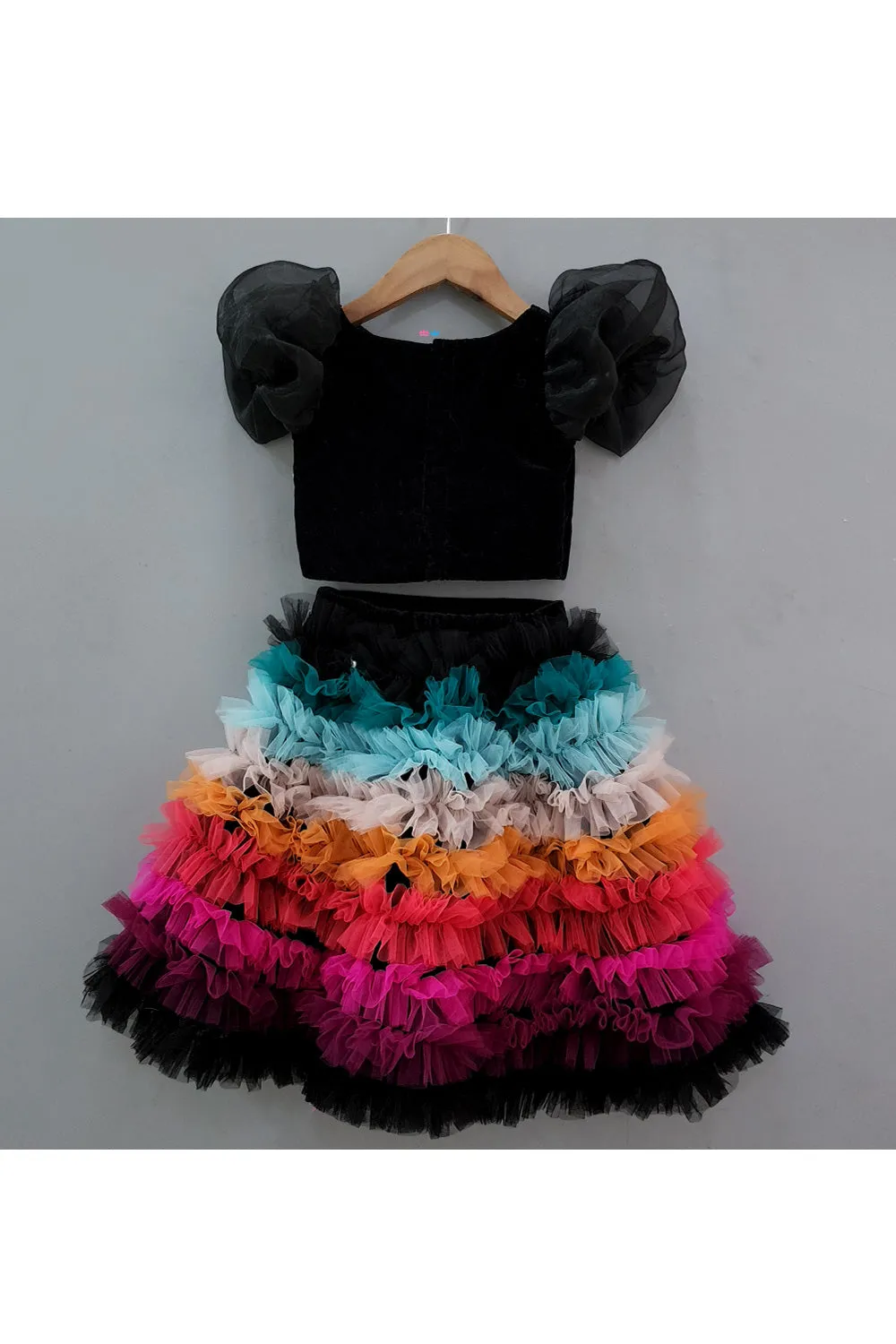 Black Velvet Top With Multicolor Frill Skirt Set