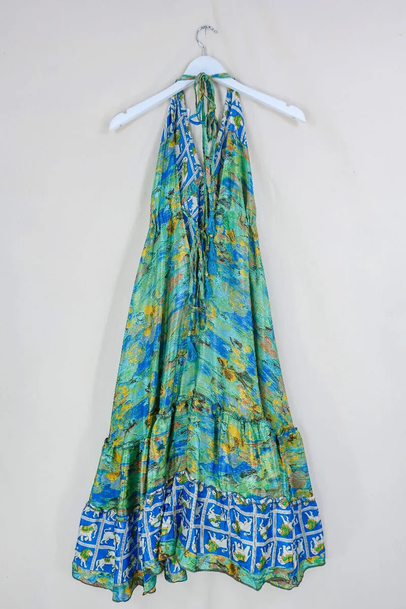 Blossom Midi Halter Dress - Abstract Blue Lions & Elephants - Free Size M/L-XXL