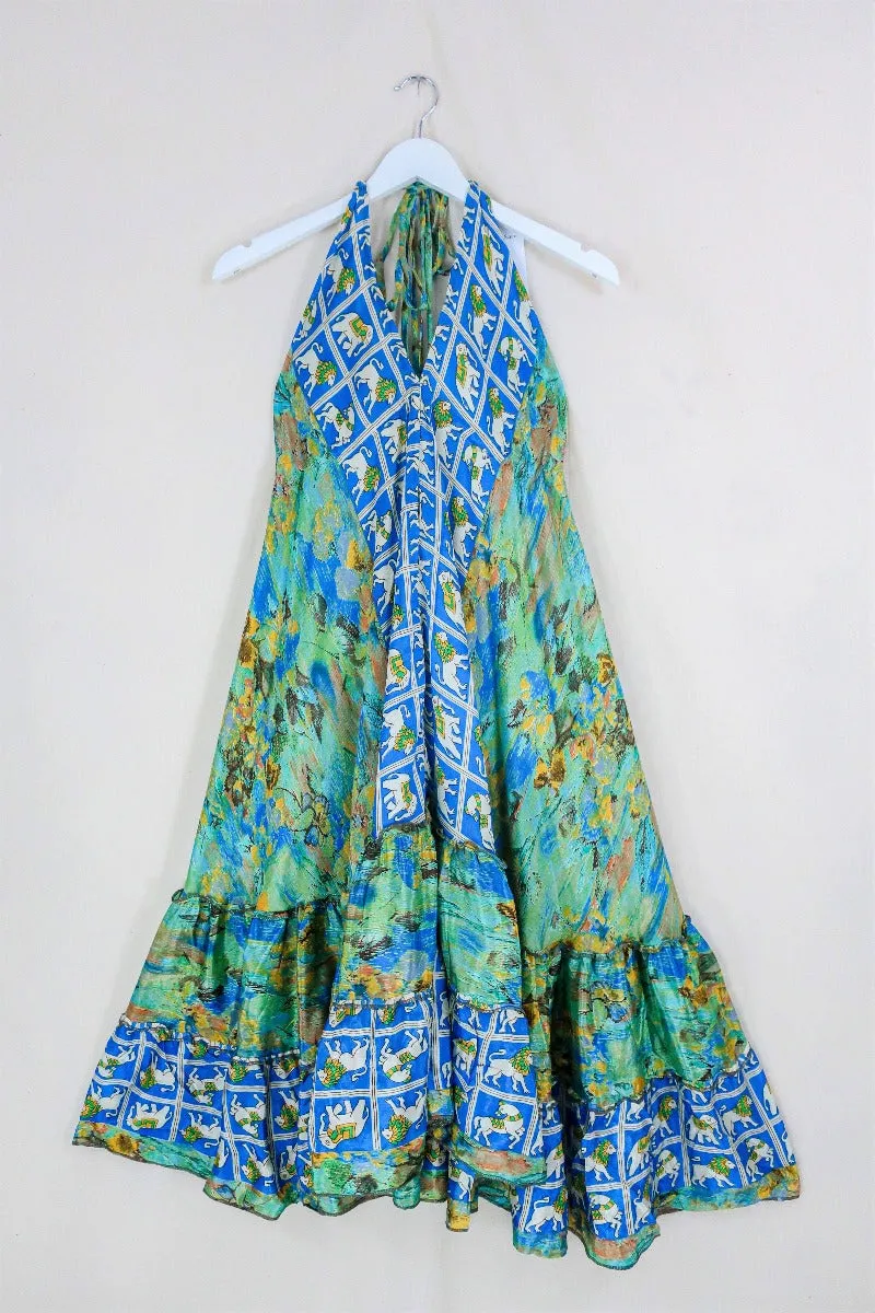 Blossom Midi Halter Dress - Abstract Blue Lions & Elephants - Free Size M/L-XXL