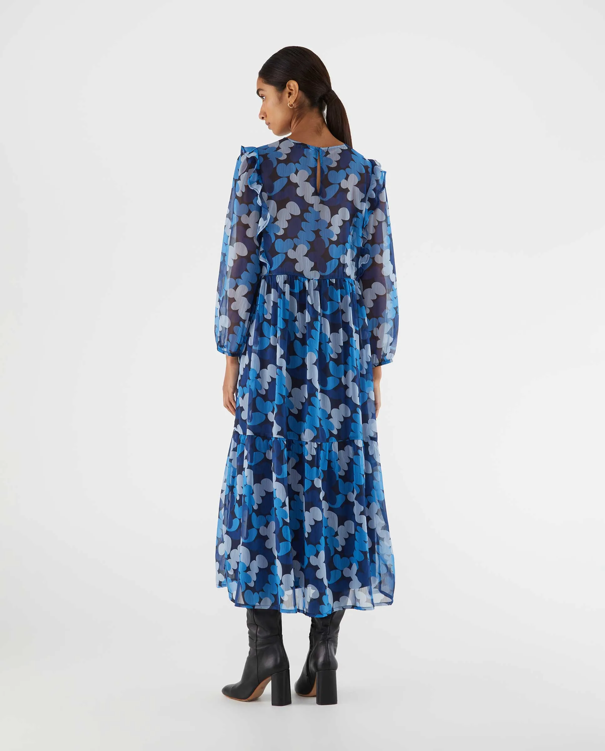 Blue Abstract Print Dress With Ruffles