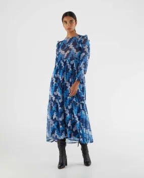 Blue Abstract Print Dress With Ruffles