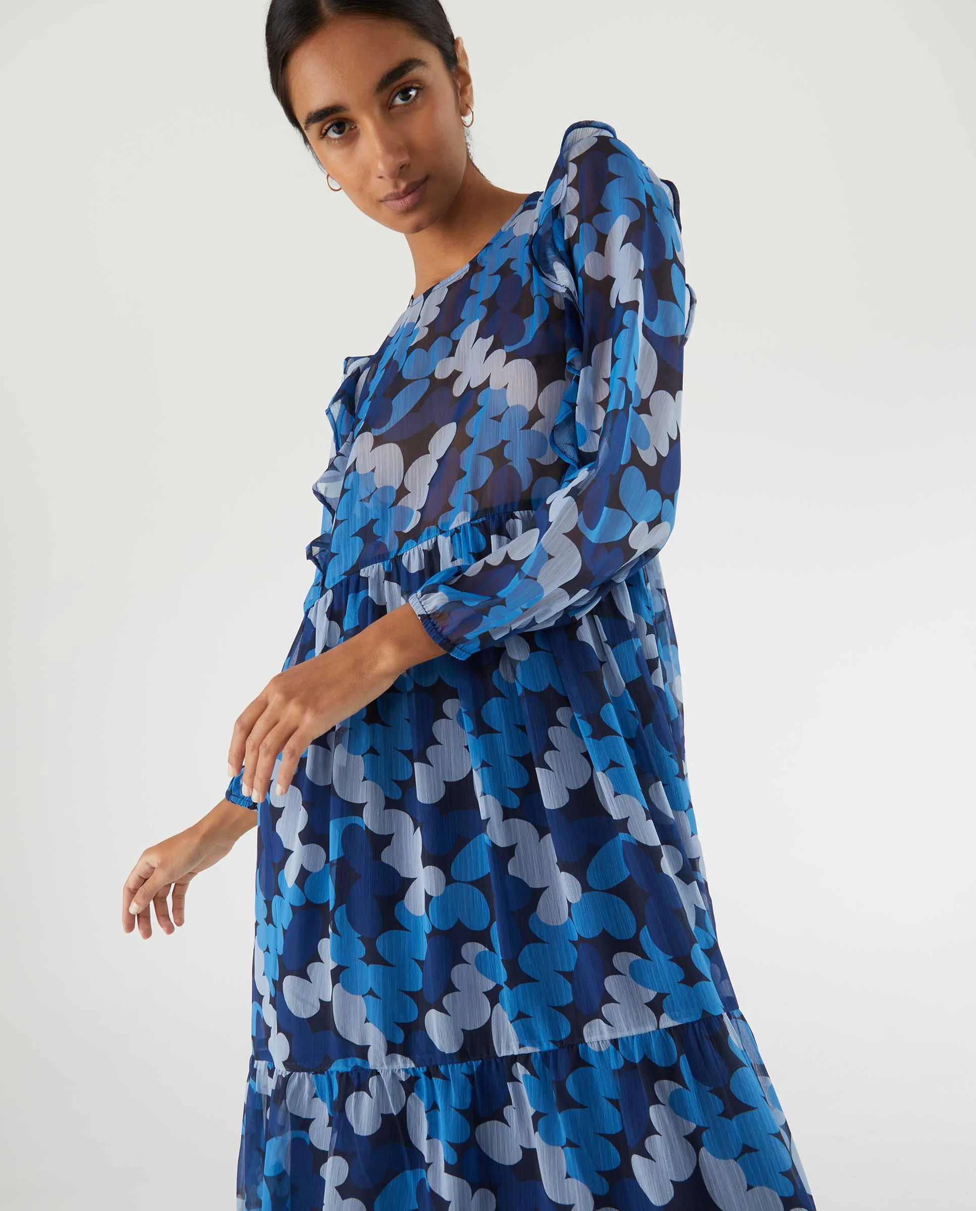 Blue Abstract Print Dress With Ruffles