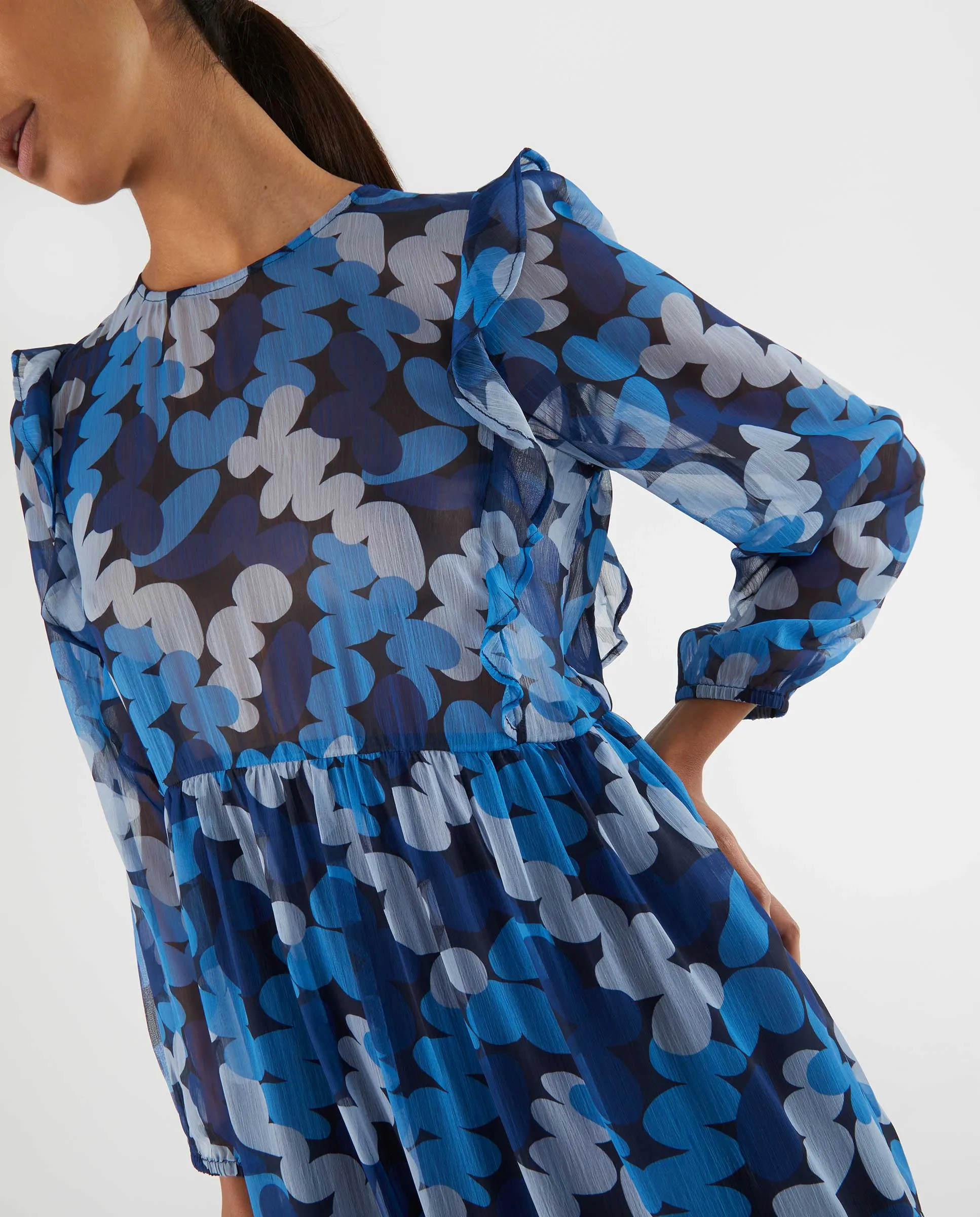 Blue Abstract Print Dress With Ruffles