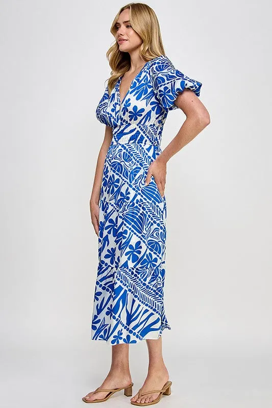 Blue Abstract Print Midi Dress