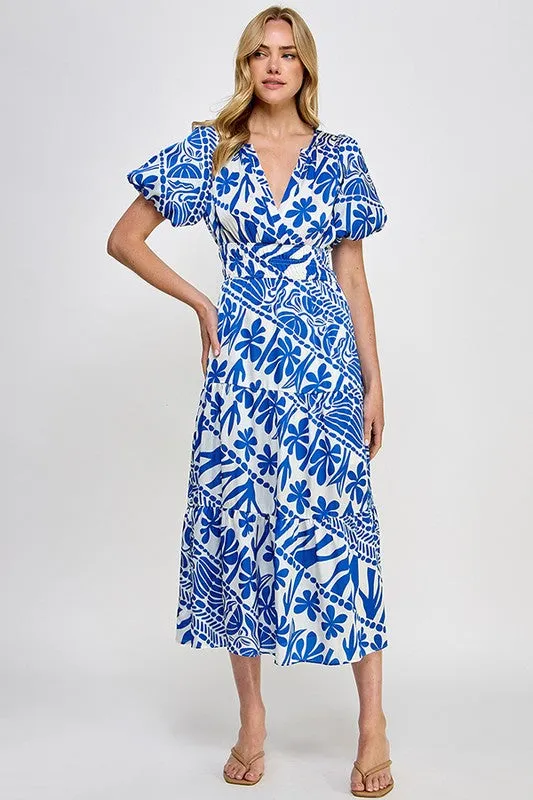 Blue Abstract Print Midi Dress