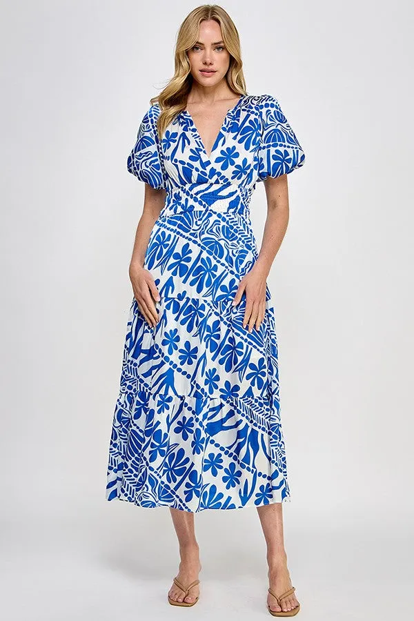 Blue Abstract Print Midi Dress