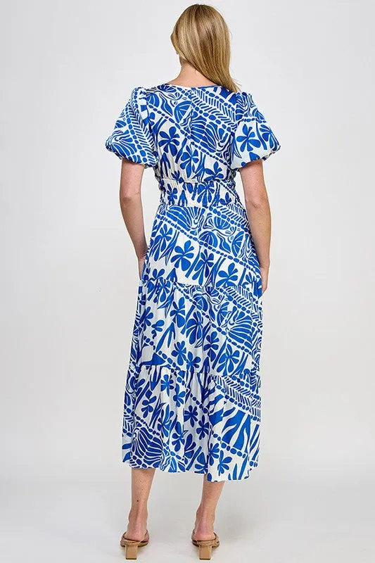 Blue Abstract Print Midi Dress