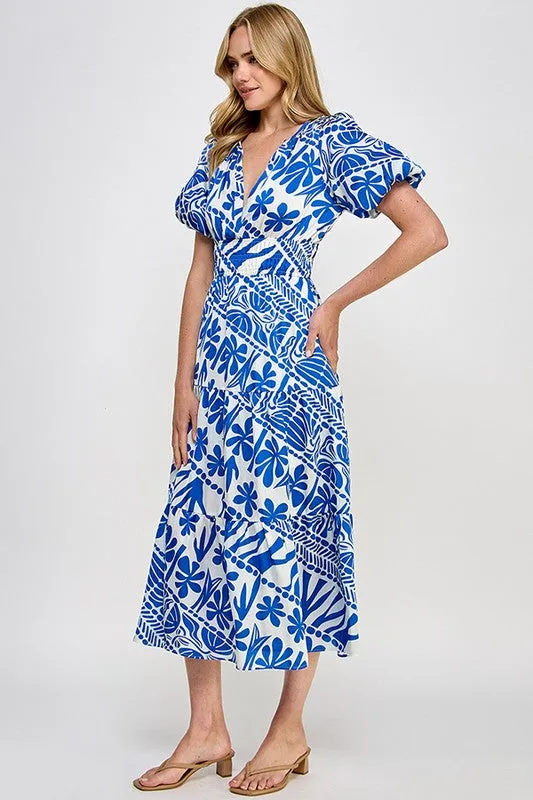 Blue Abstract Print Midi Dress