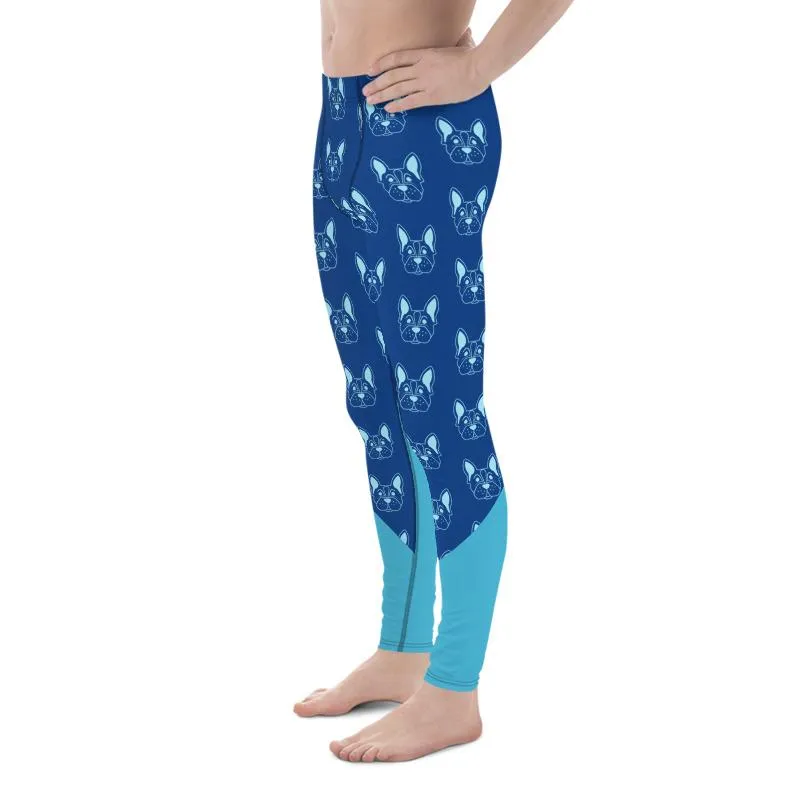 Blue French Bulldog Meggings, Cute Premium Men's Leggings Run Tights- Made in USA/EU