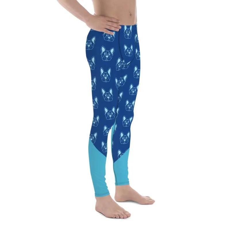 Blue French Bulldog Meggings, Cute Premium Men's Leggings Run Tights- Made in USA/EU