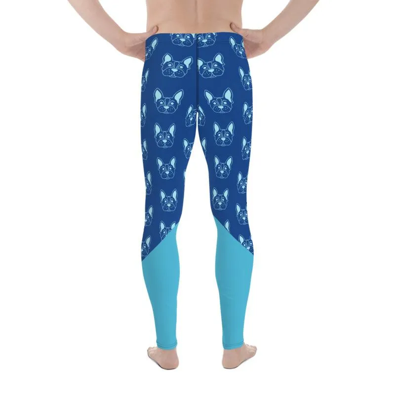 Blue French Bulldog Meggings, Cute Premium Men's Leggings Run Tights- Made in USA/EU