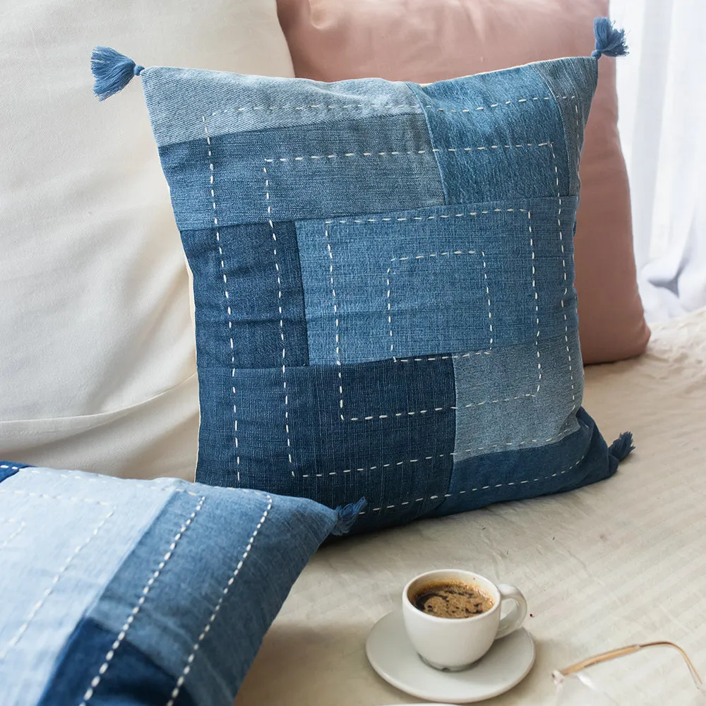 Blue - Hand Embroidered Upcycled Jeans Cushion Covers (Set of 2) - Boxed