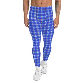 Blue Red Plaid Men's Leggings, Tartan Print Designer Premium Meggings-Made in USA/EU