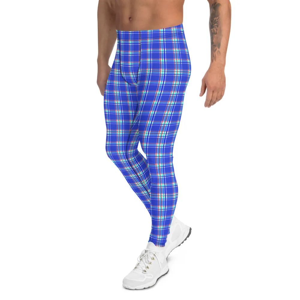 Blue Red Plaid Men's Leggings, Tartan Print Designer Premium Meggings-Made in USA/EU