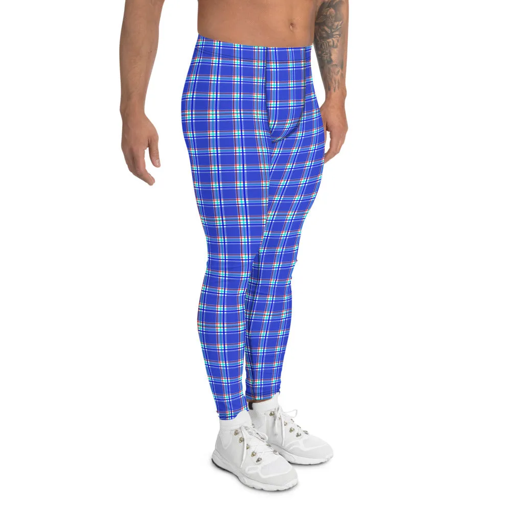 Blue Red Plaid Men's Leggings, Tartan Print Designer Premium Meggings-Made in USA/EU