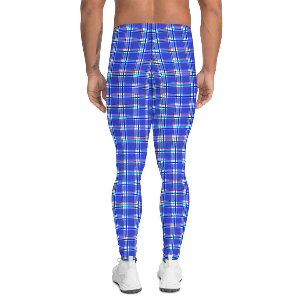 Blue Red Plaid Men's Leggings, Tartan Print Designer Premium Meggings-Made in USA/EU