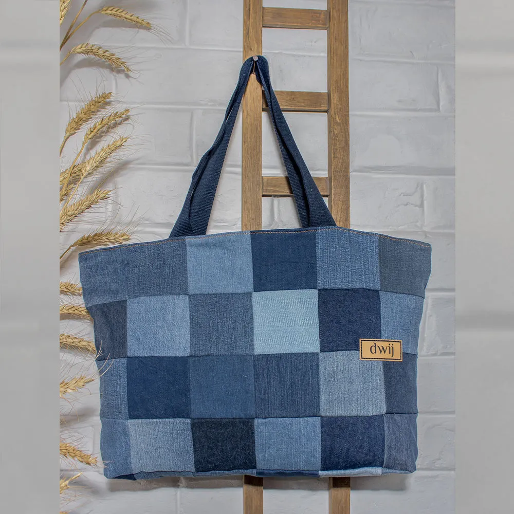 Blue - Upcycled Denim Chequered Tote Bags