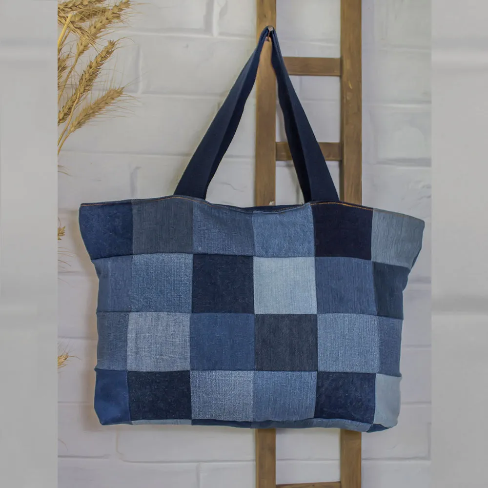 Blue - Upcycled Denim Chequered Tote Bags