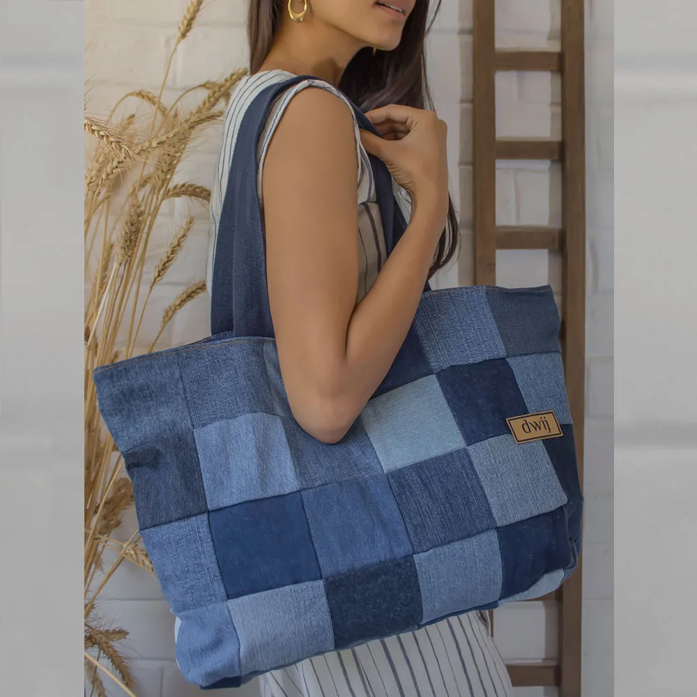 Blue - Upcycled Denim Chequered Tote Bags