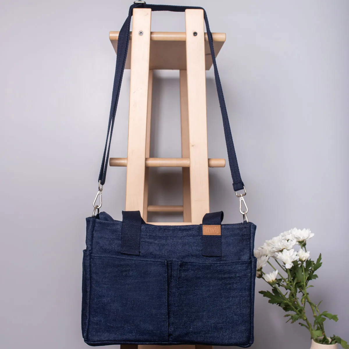 Blue - Upcycled Denim Dual Usage Tote Bag with removable insert