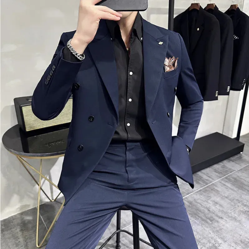 Bonsir 7XL-S (Blazer   Trousers)  Fashion Double Breasted Slim Fit Men's Suit Italian Style Luxury Wedding Social Dress 2 Piece Set