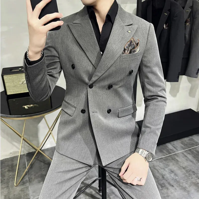 Bonsir 7XL-S (Blazer   Trousers)  Fashion Double Breasted Slim Fit Men's Suit Italian Style Luxury Wedding Social Dress 2 Piece Set