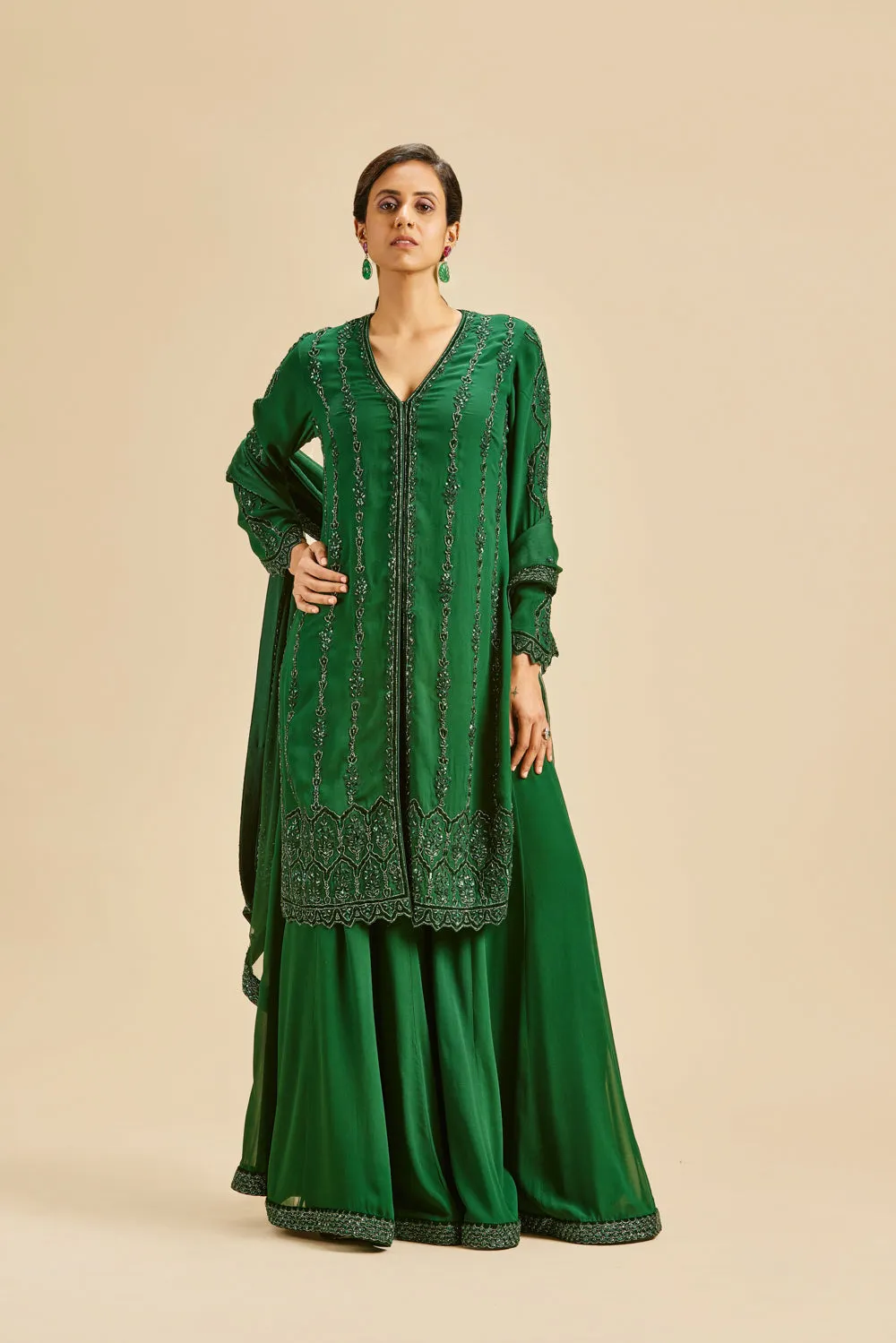 Bottle Green Velvet Applique Sharara Set