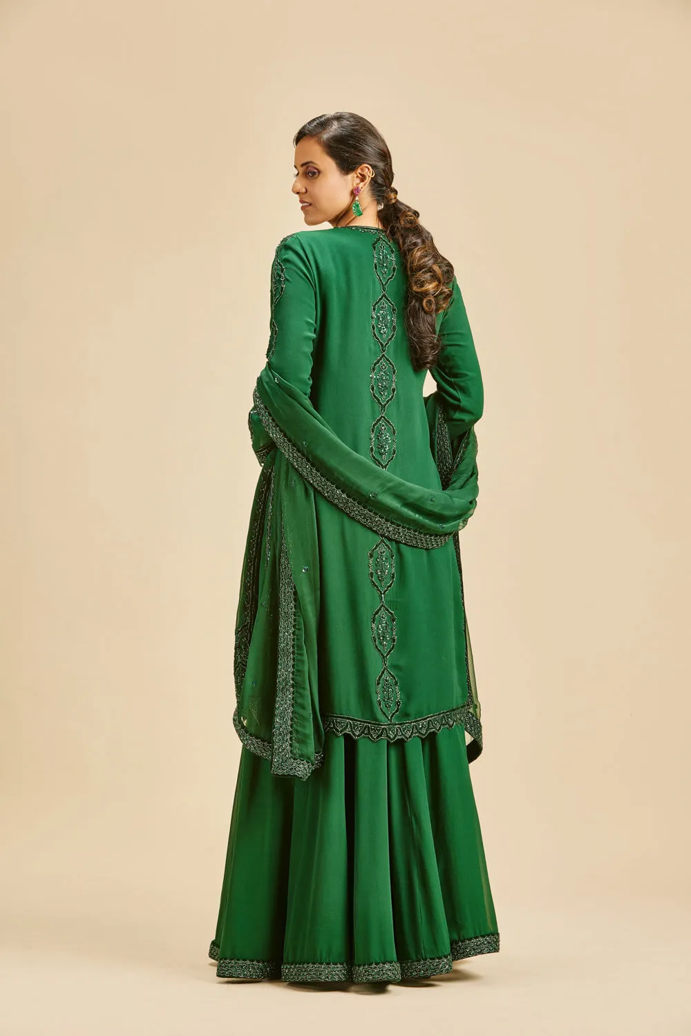 Bottle Green Velvet Applique Sharara Set