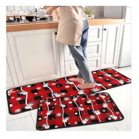 Buffalo Plaid Christmas Kitchen Rugs and Mats Set of 2, Christmas Snowman Winter New Year Holiday Party Low-Profile Floor Mat Merry Christmas Decorations for Kitchen Home- 17"x47" 17"x30"