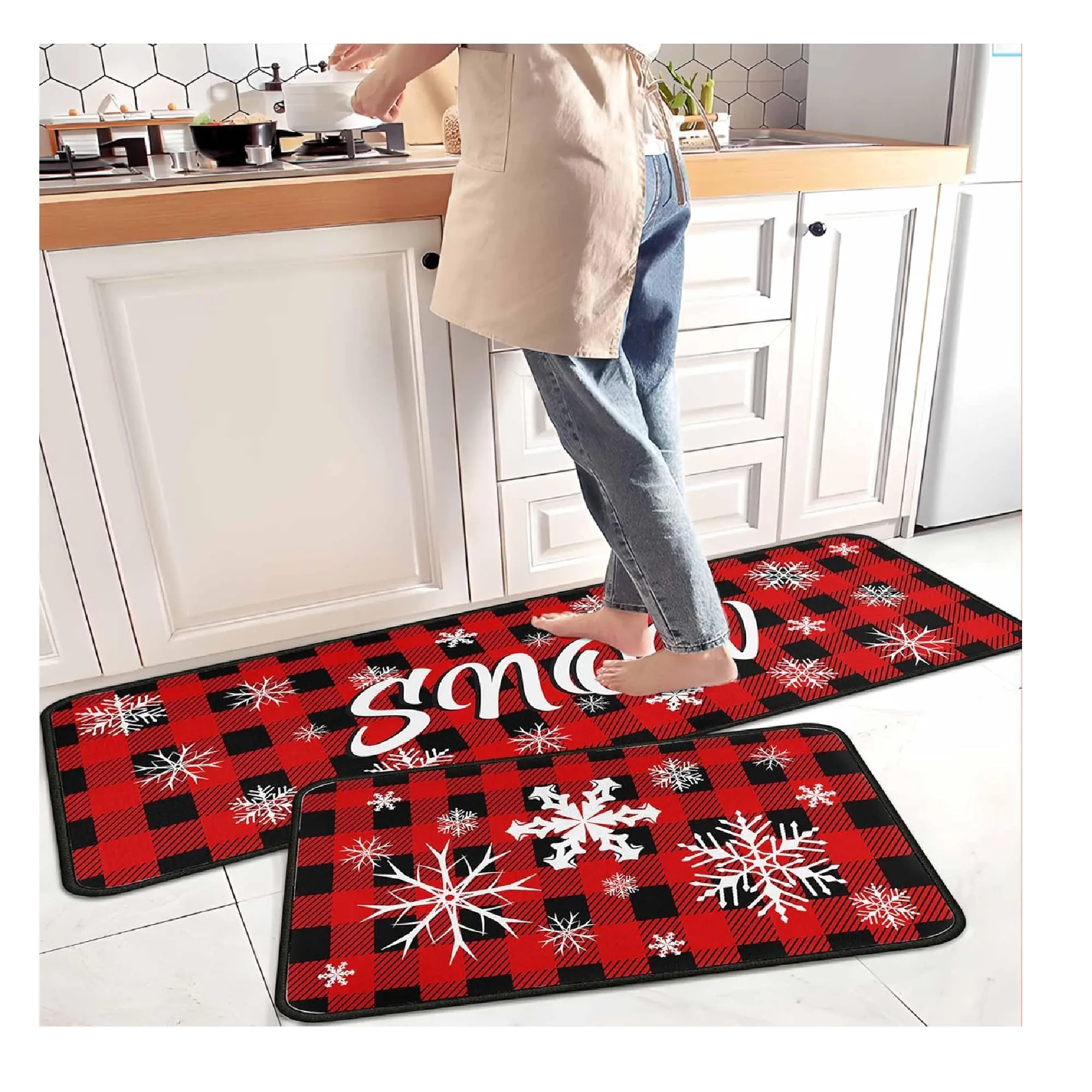 Buffalo Plaid Christmas Kitchen Rugs and Mats Set of 2 PCS, Xmas Snow Winter Holiday Party Low-Profile Floor Mat Merry Christmas Decorations for Home Kitchen - 17"x47" 17"x30"