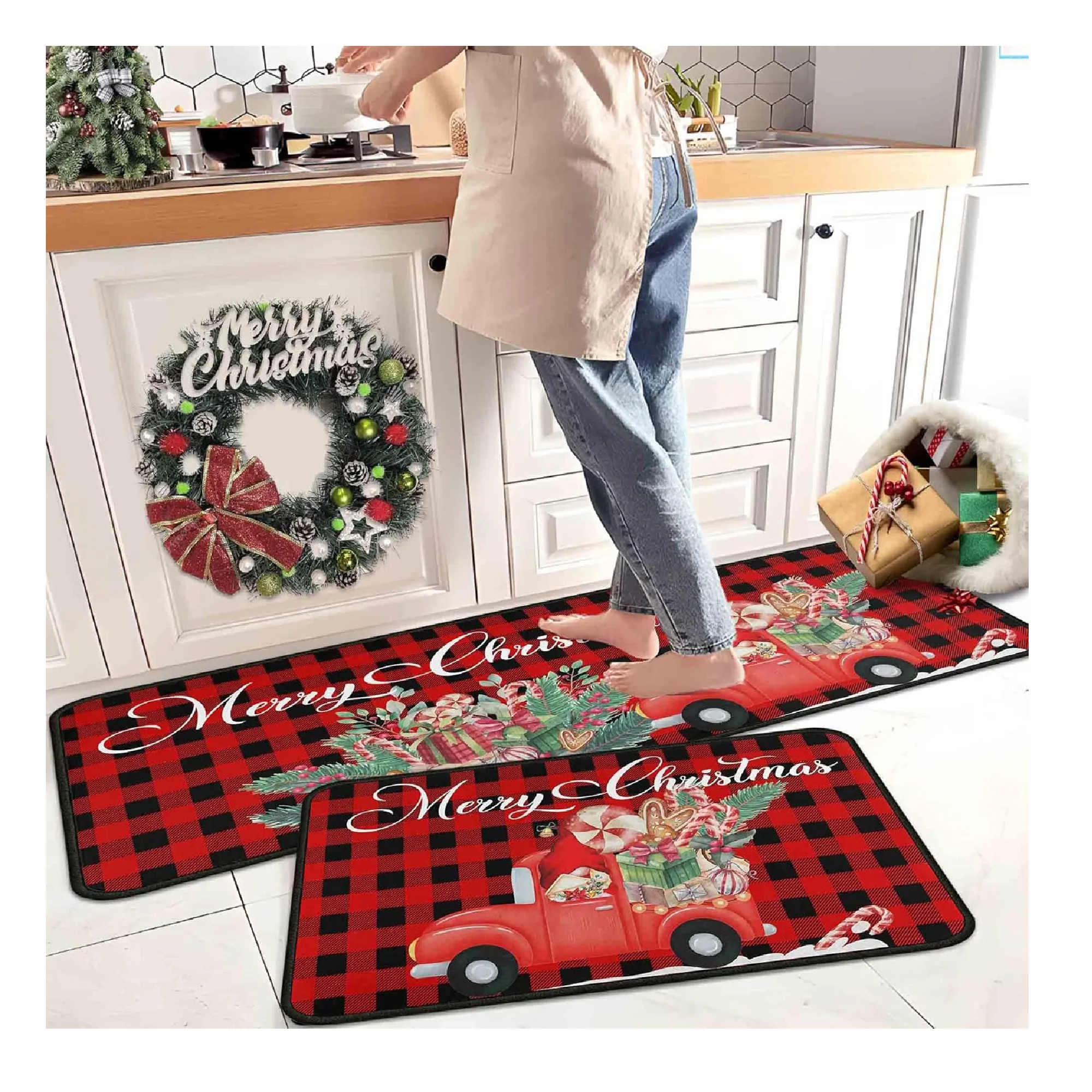 Buffalo Plaid Red Truck Christmas Kitchen Rugs 2 PCS, Merry Christmas Kitchen Rug, Non Skid Washable Soft Comfort Kitchen Rugs Set (17"x47" 17"x30",Merry Christmas)