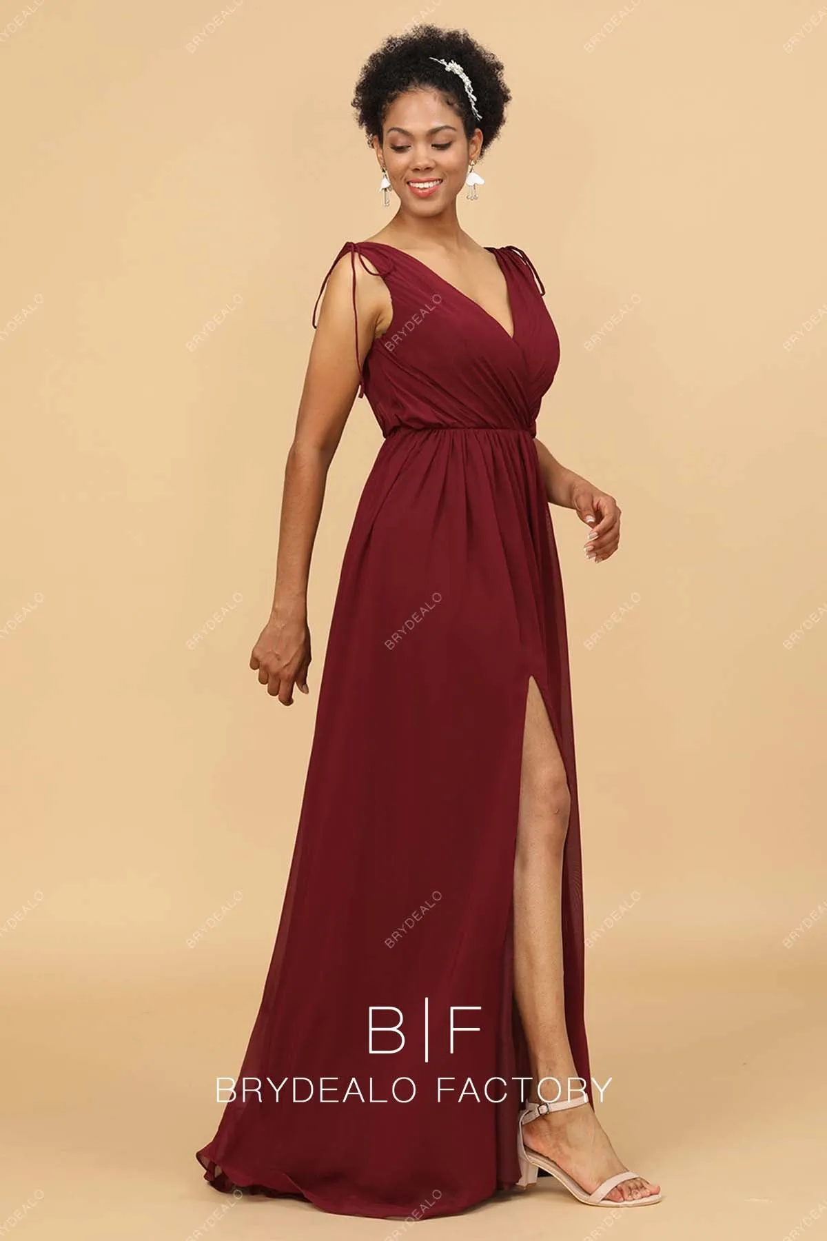 Burgundy Chiffon Sleeveless V-neck Slit Long Best Dress