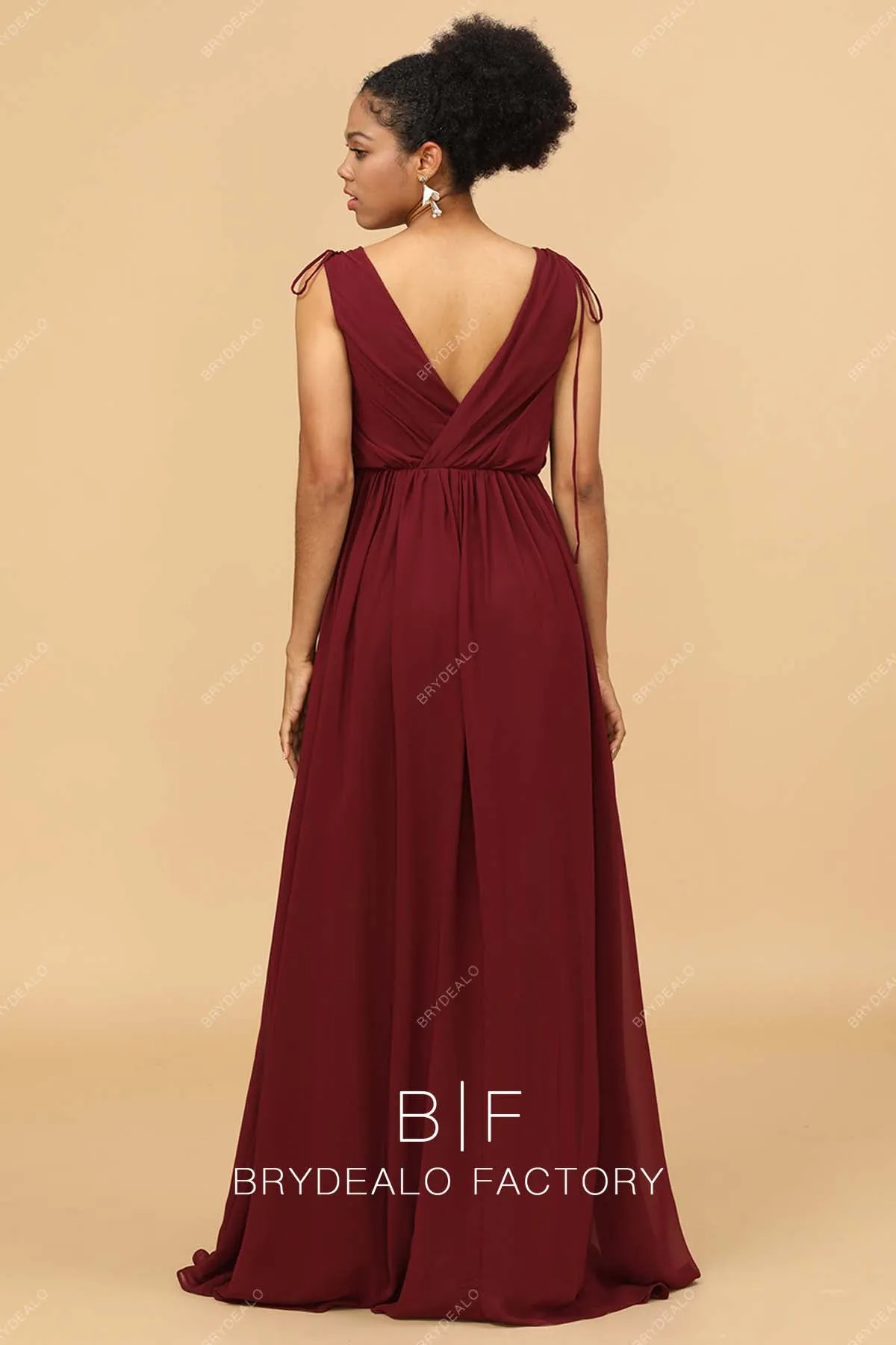 Burgundy Chiffon Sleeveless V-neck Slit Long Best Dress