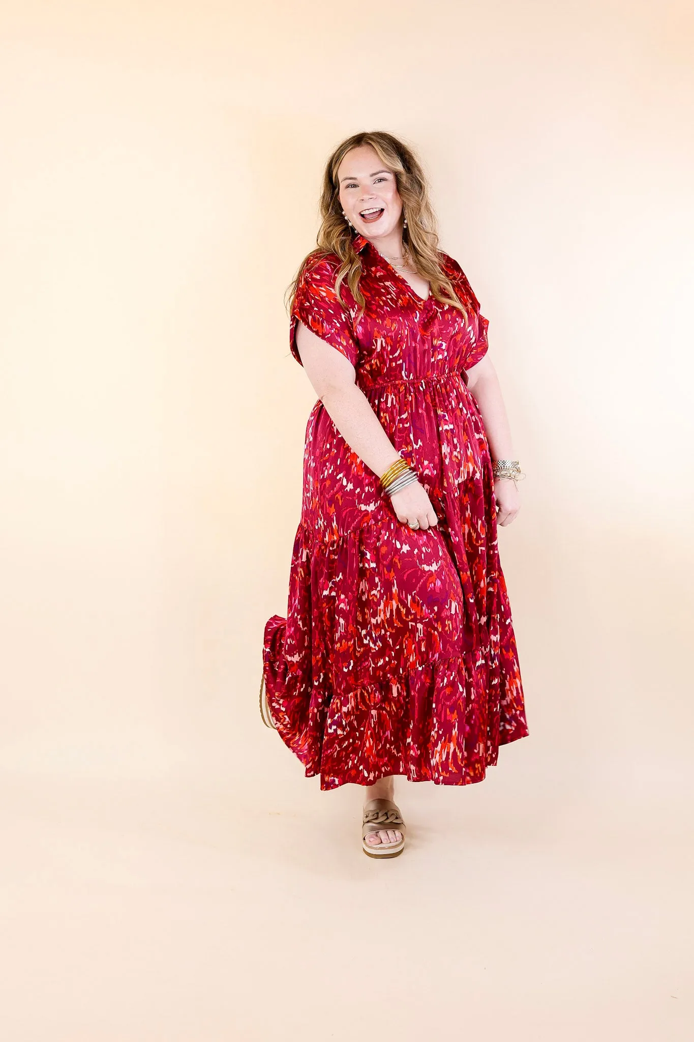 Burnin' Up Multicolor Abstract Midi Dress in Wine Red