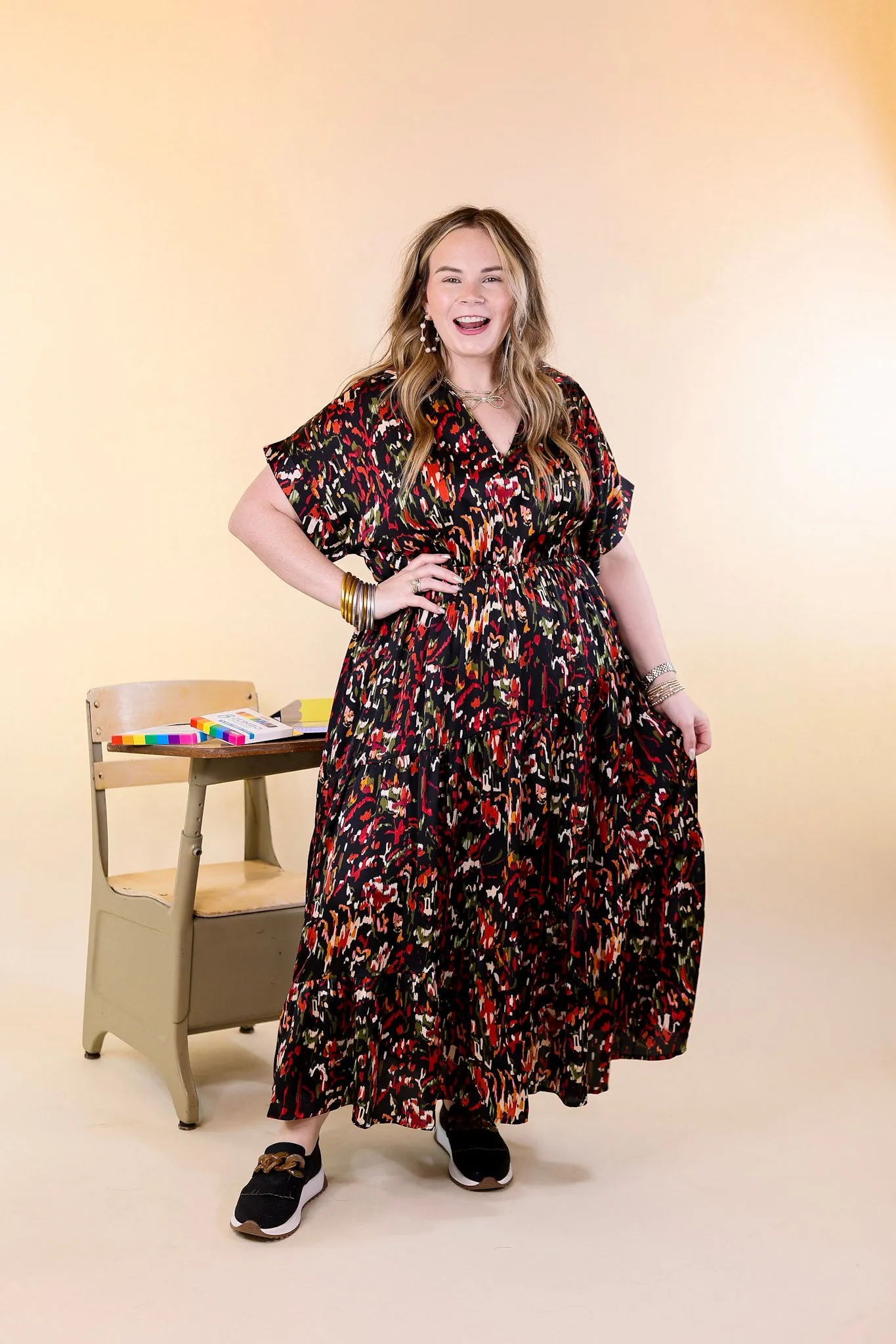 Burnin' Up Multicolor Abstract Print Midi Dress in Black