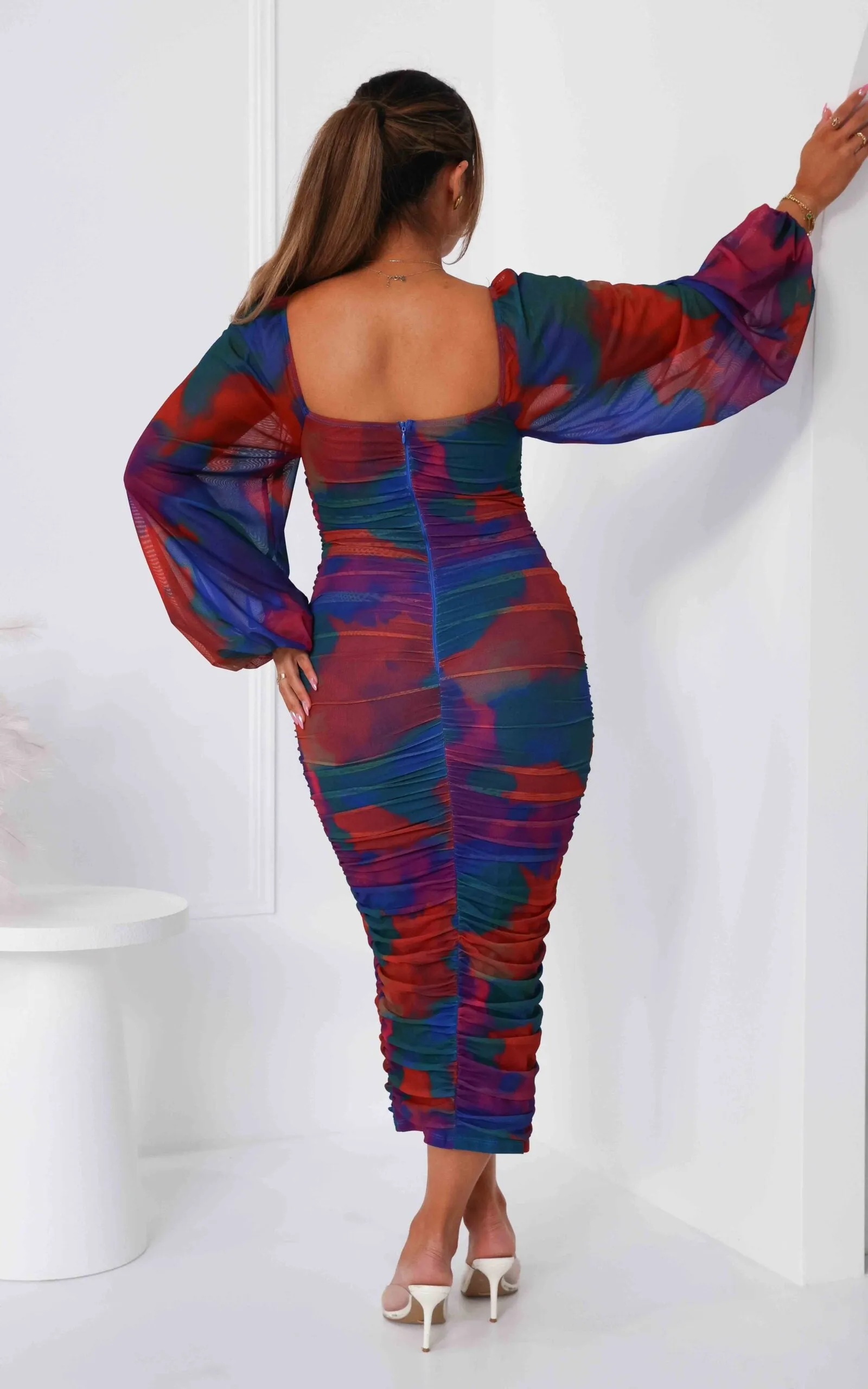 Calissa Mesh Midi Dress - Rainbow Abstract Print