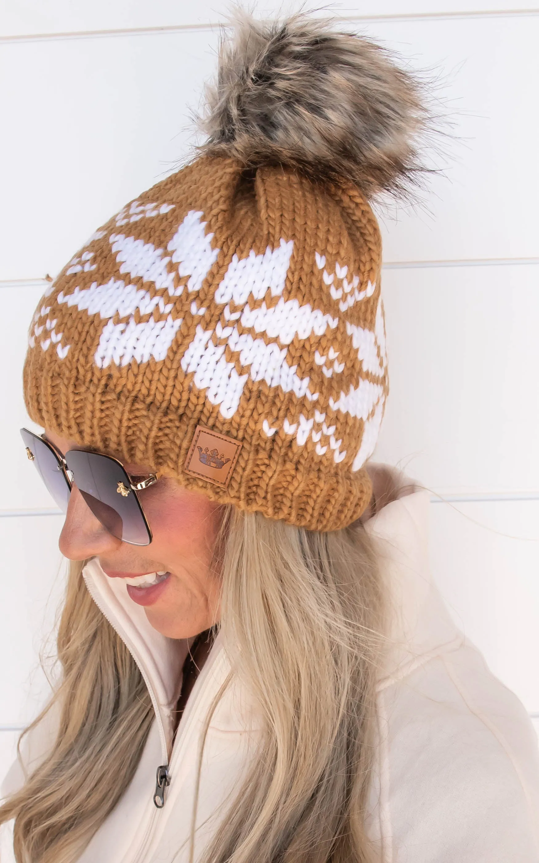 Camel & White Snowflake Pom Beanie - DEAL COUPON EXCLUDED