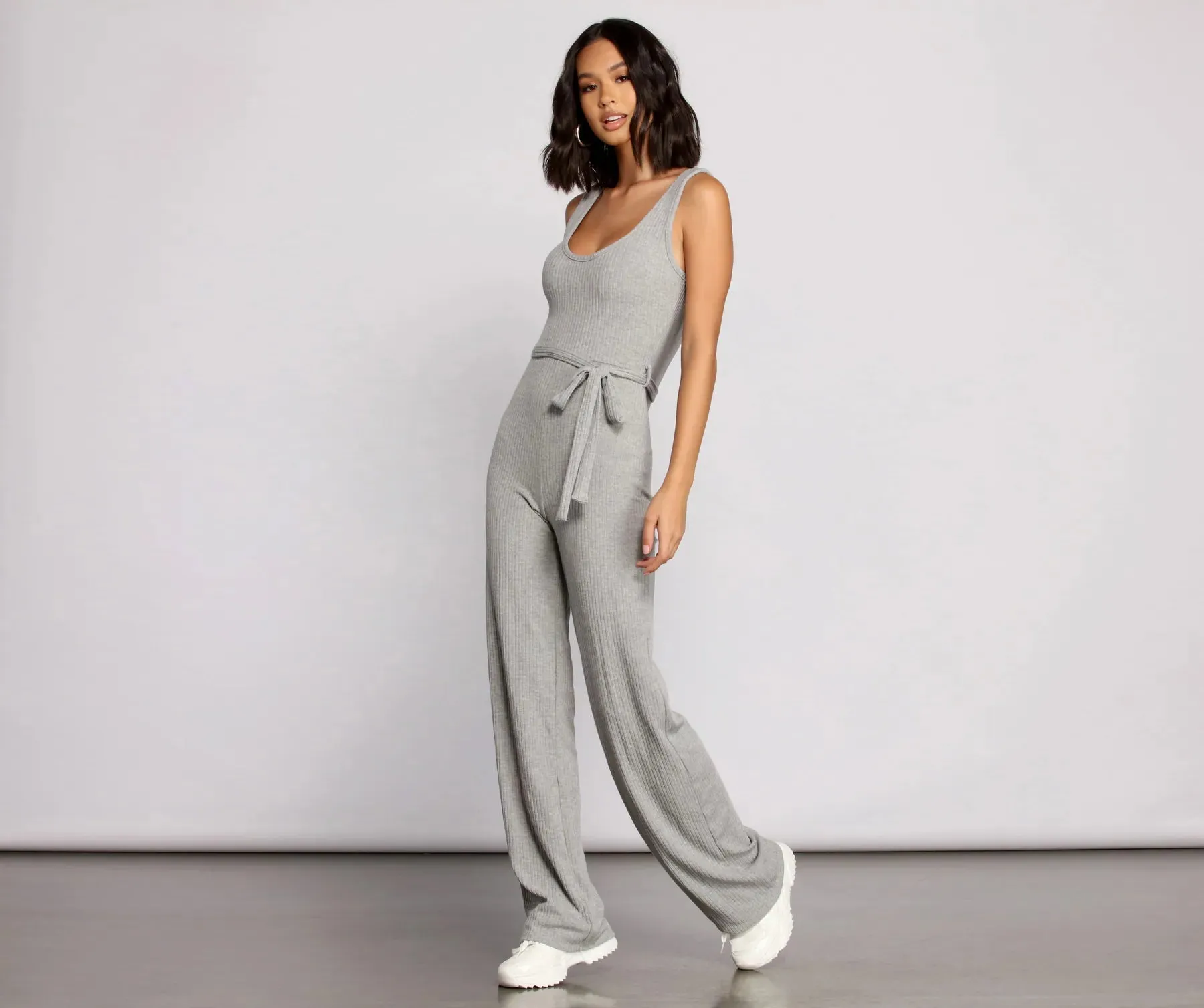 Casual and Chic Ribbed Tie Waist Jumpsuit