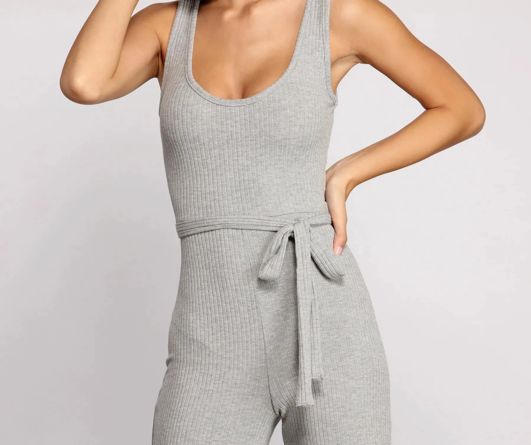 Casual and Chic Ribbed Tie Waist Jumpsuit