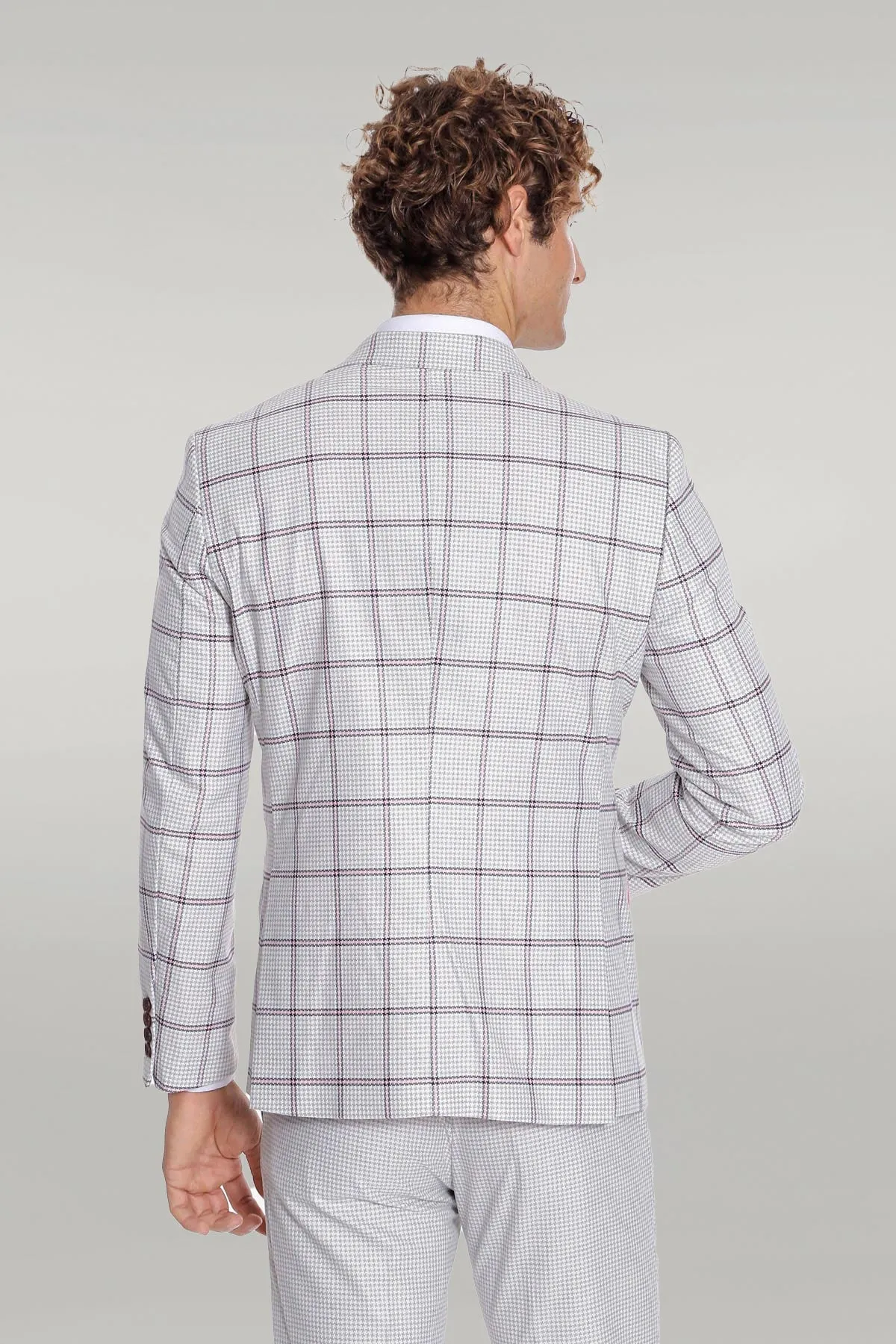 Checked Patterned Vested Light Grey Men Suit - Wessi