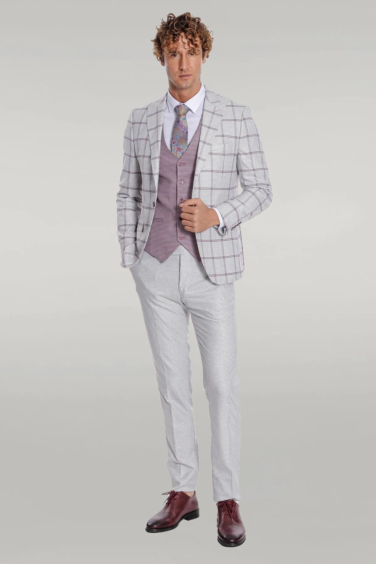 Checked Patterned Vested Light Grey Men Suit - Wessi