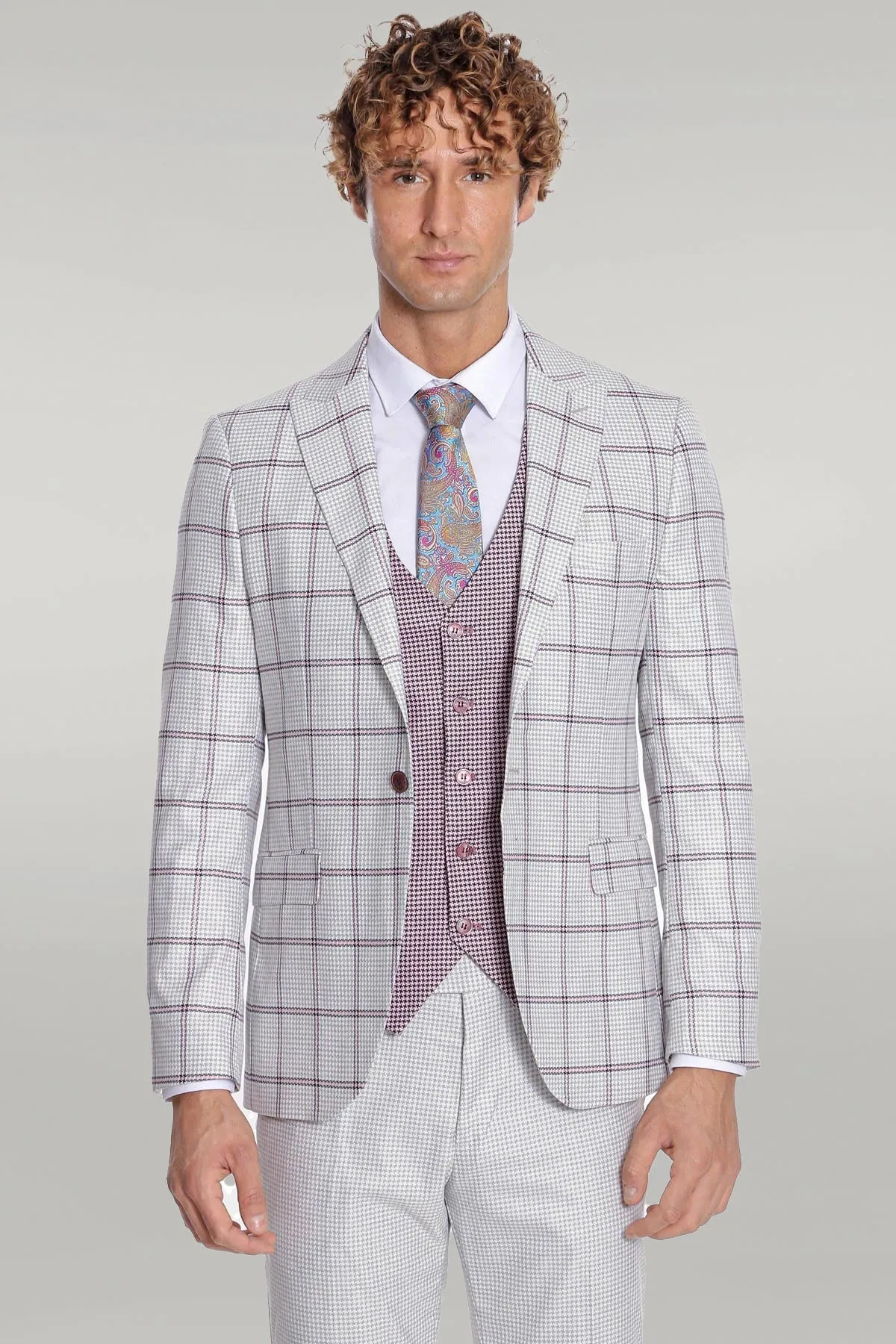 Checked Patterned Vested Light Grey Men Suit - Wessi